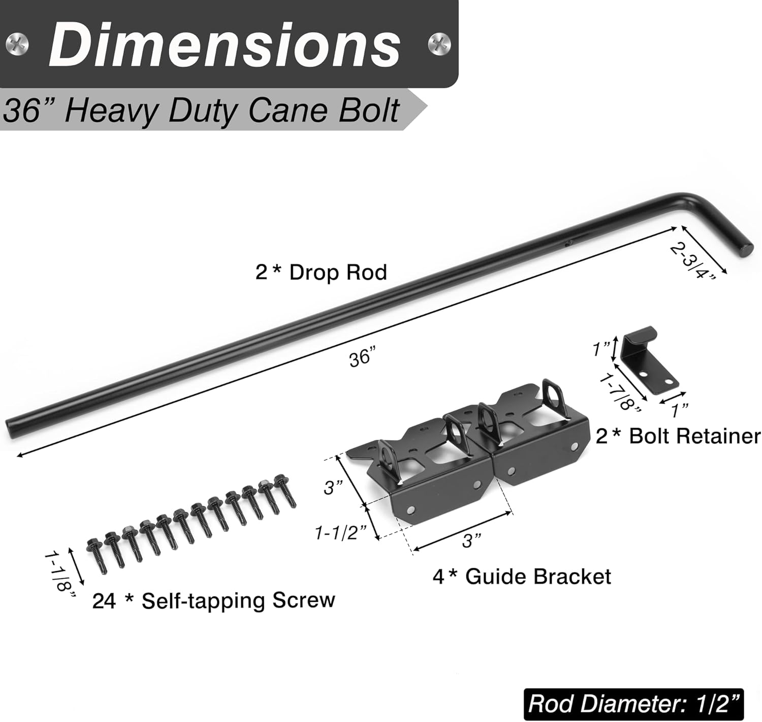 36" Heavy Duty Cane Bolt Gate Drop Rod Gate Drop Pin Upgraded Lockable Drop Bolt for Gate Safe, Solid Steel Gate Hardware Holding Wooden Vinyl Metal Fence Gates with Black Finish, 2 Pack