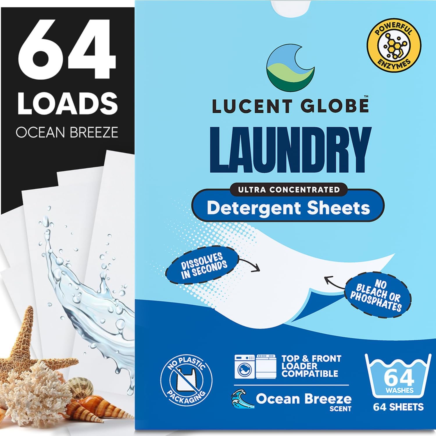 Laundry Detergent Sheets. Pre-Measured Laundry Sheets. Powerful Stain Removal. Works in All Clothes Washers. (1 Pack - 64 Washes, Ocean Breeze)