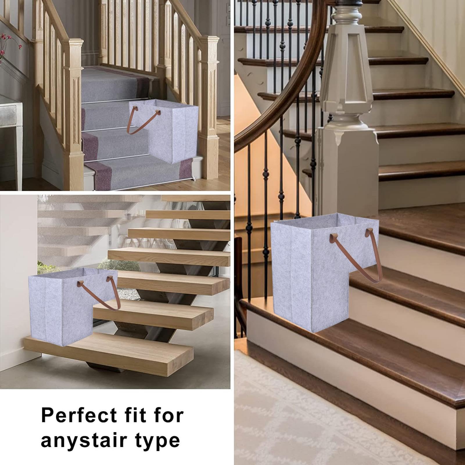 Panier De Rangement Pour Escalier En Feutre - Forme L Pliable - Poignée Cuir - Gris Noir - Organisateur Escalier