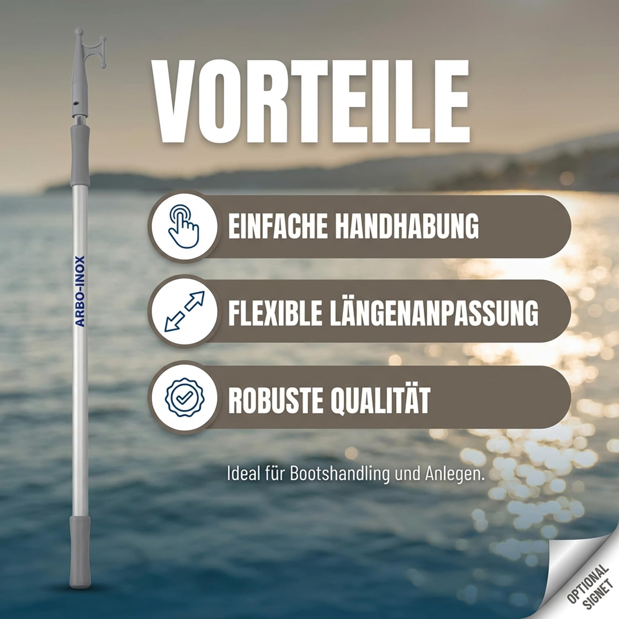 ARBO-INOX Bootshaken Teleskop Schleusenhaken ALU 120-210 cm – Stabiler Aluminium-Haken – Verlängerter Arm an Bord
