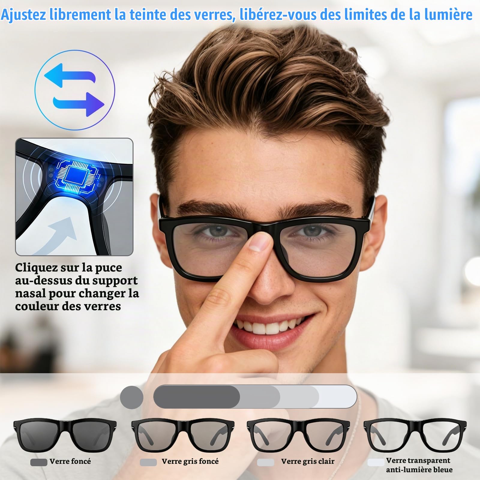 Lunettes intelligentes Bluetooth AI avec plus de 60 langues, lentilles changeantes de couleur, haut-parleur intégré et contrôle de la musique audio Hi-Fi - Traducteur vocal en temps réel pour voyages