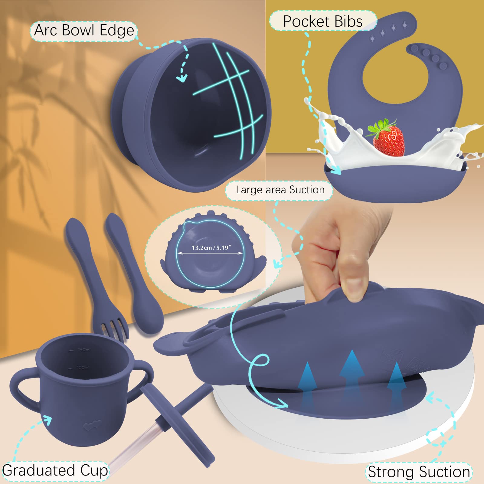 Delven Silicone Assiette pour Bébé Set Vaisselle 8 Pièces Antiderapant Coffret Repas avec Ventouse Bol CuillèRe Fourchette Bavoir Tasse Couvercle sans BPA Set Repas pour Enfant Garçon,Bleu Dinosaure