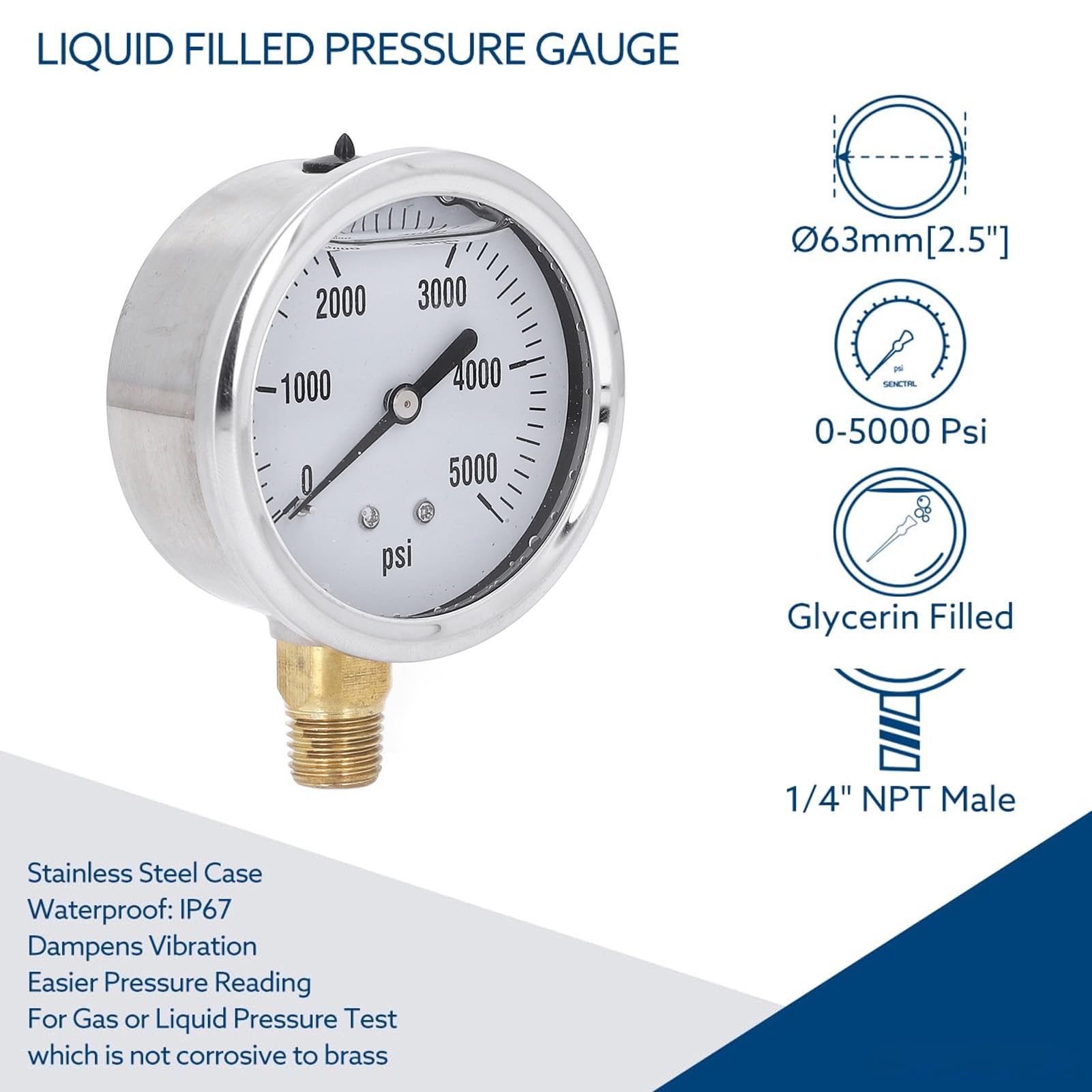 Manómetro hidráulico de Alta presión de 5000 PSI, manómetro con Relleno de glicerina líquida, Calibre de 1/4 NPT 2,5 para Combustible, Aire y Agua con Caja de Acero Inoxidable