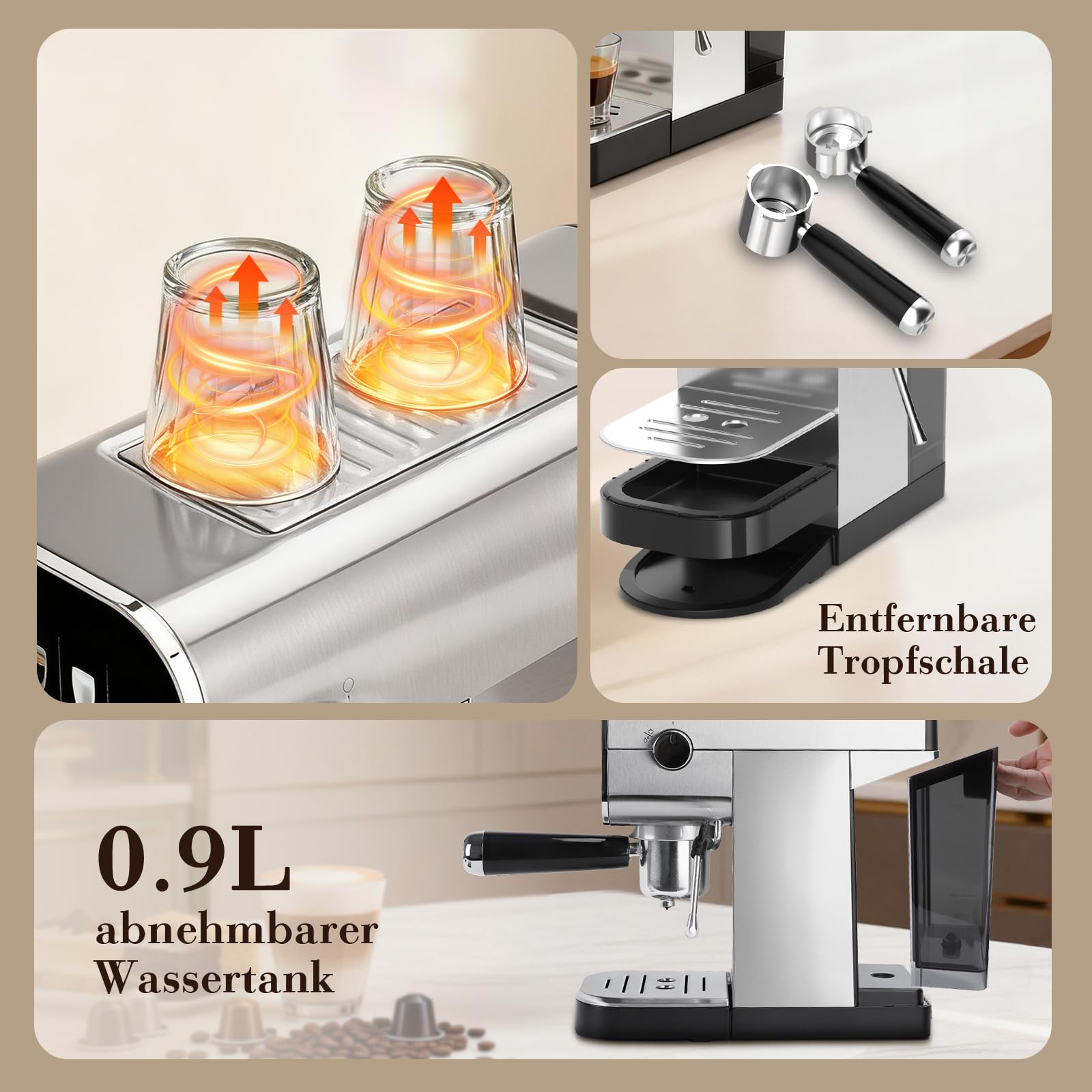 Aigostar Barista Espressomaschine Siebträgermaschine 20 Bar 1350 W Edelstahl Milchaufschäumer