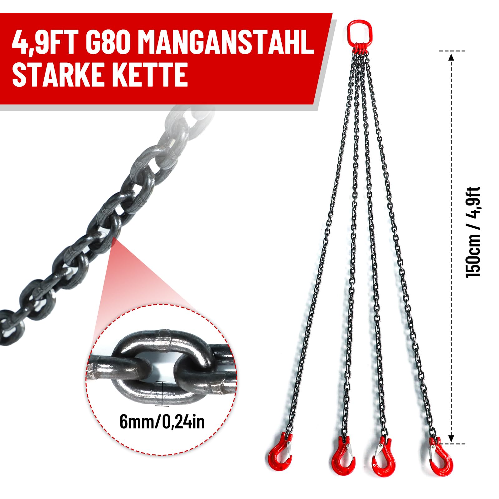 Forstkette G80 Manganstahl, Rückekette 3000kg Tragfähigkeit, 1,5 m Hebekette mit Gabelkopfhaken, Ø 6 mm Kettengehänge, Anschlagkette Krankette 3T, Kette Forst Schweres Heben