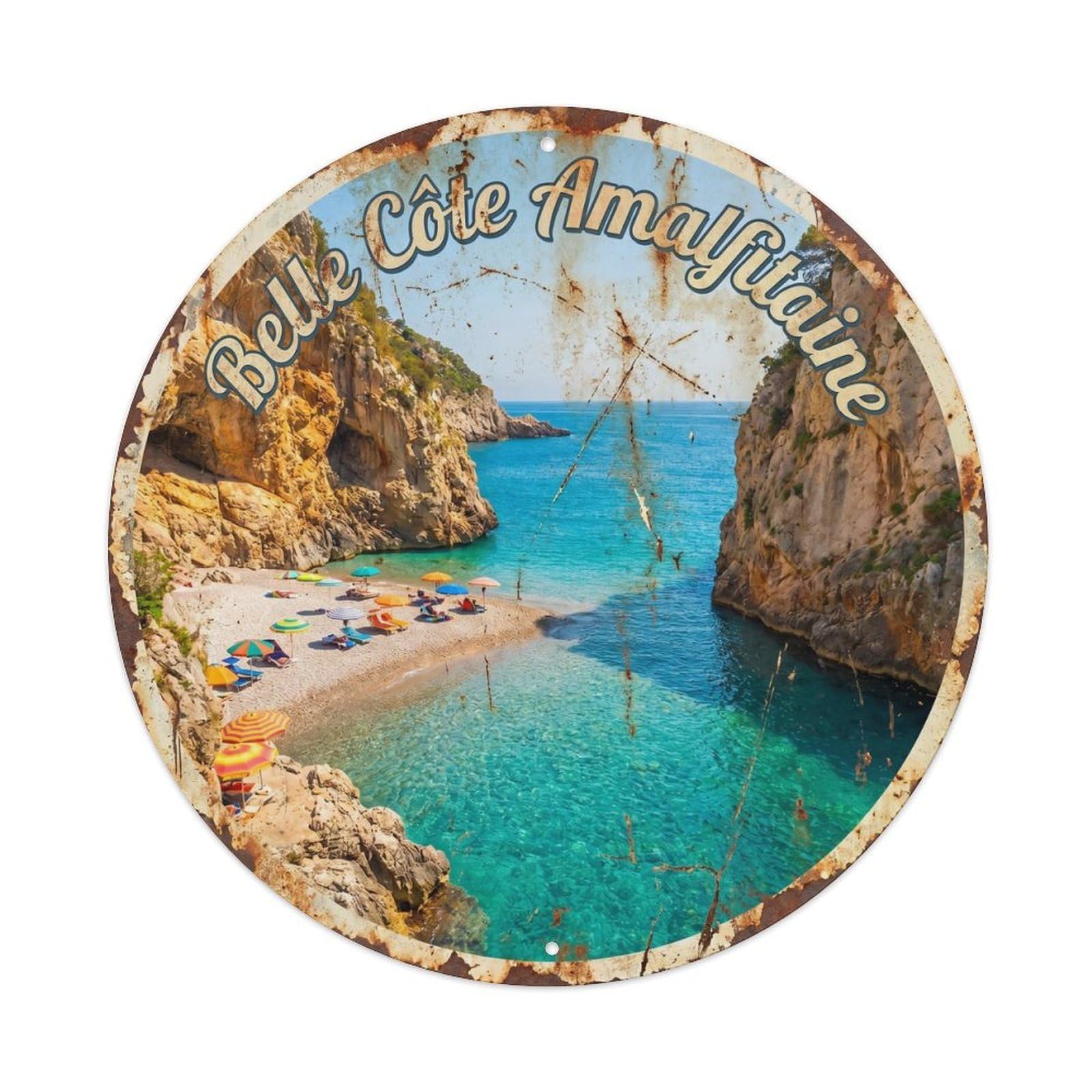 Vintage Travel Italy Coastal Cove Beach Metal Tin Sign Plaque Wall Decor for Cafe, Club, Garden Round Metal Poster 8x8Inch