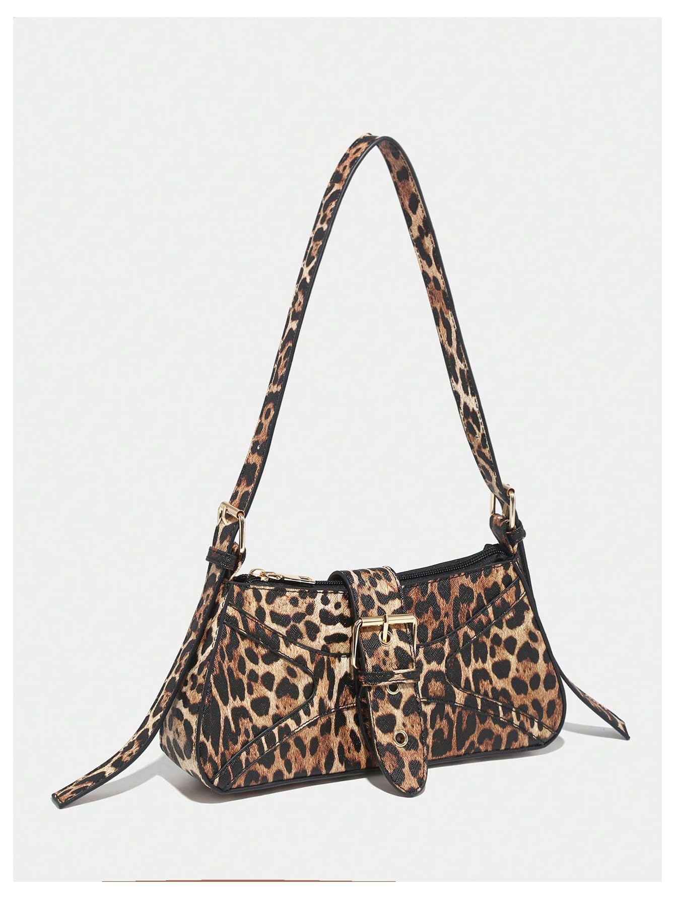 Verdusa Women's Leopard Print PU Leather Shoulder Bag Vintage Zipper Underarm Bags Brown One-Size