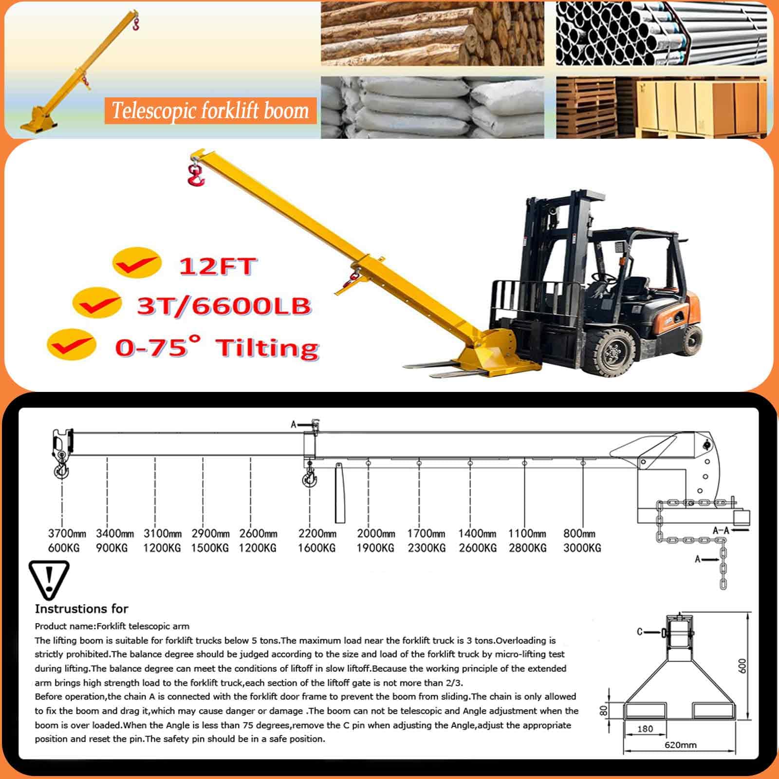 BEILOCKERY 3T/6600LBS Forklift Telescopic Arm with Adjustable Tilt Angle 0-75°, 7-12FT Mobile Crane Lifting Hoist Truss Jib Boom with Hook, Multi-Functional Accessories for Forklifts Cranes