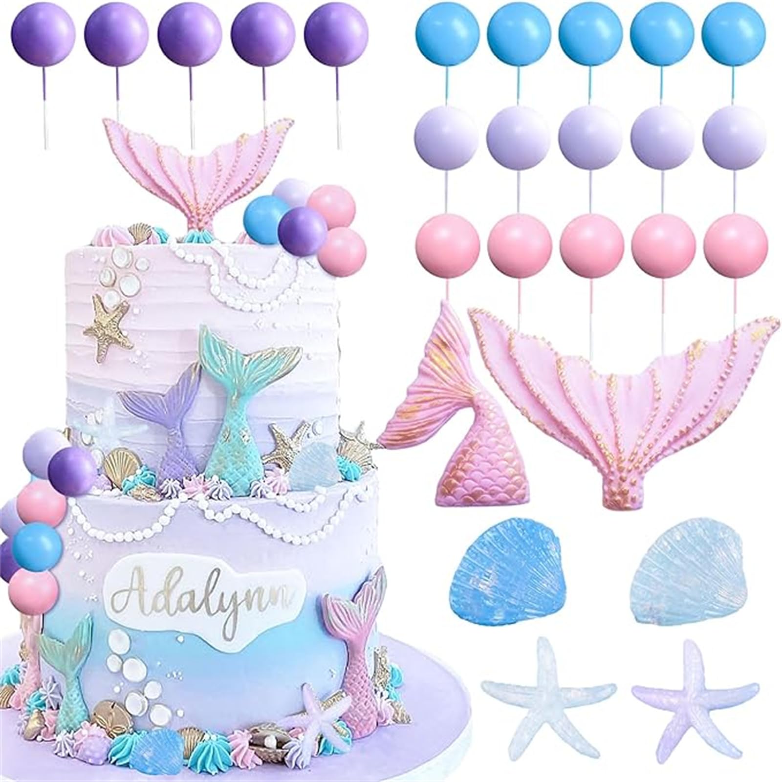 TOYBY Mermaid Cake Toppers, Under the Sea Mermaid Tail Cake Decorations Includes 2Mermaid Tails, 2 Shells, 2 Sea Stars, 15 Balls for Birthday Baby Shower Party Supplies (Pink)
