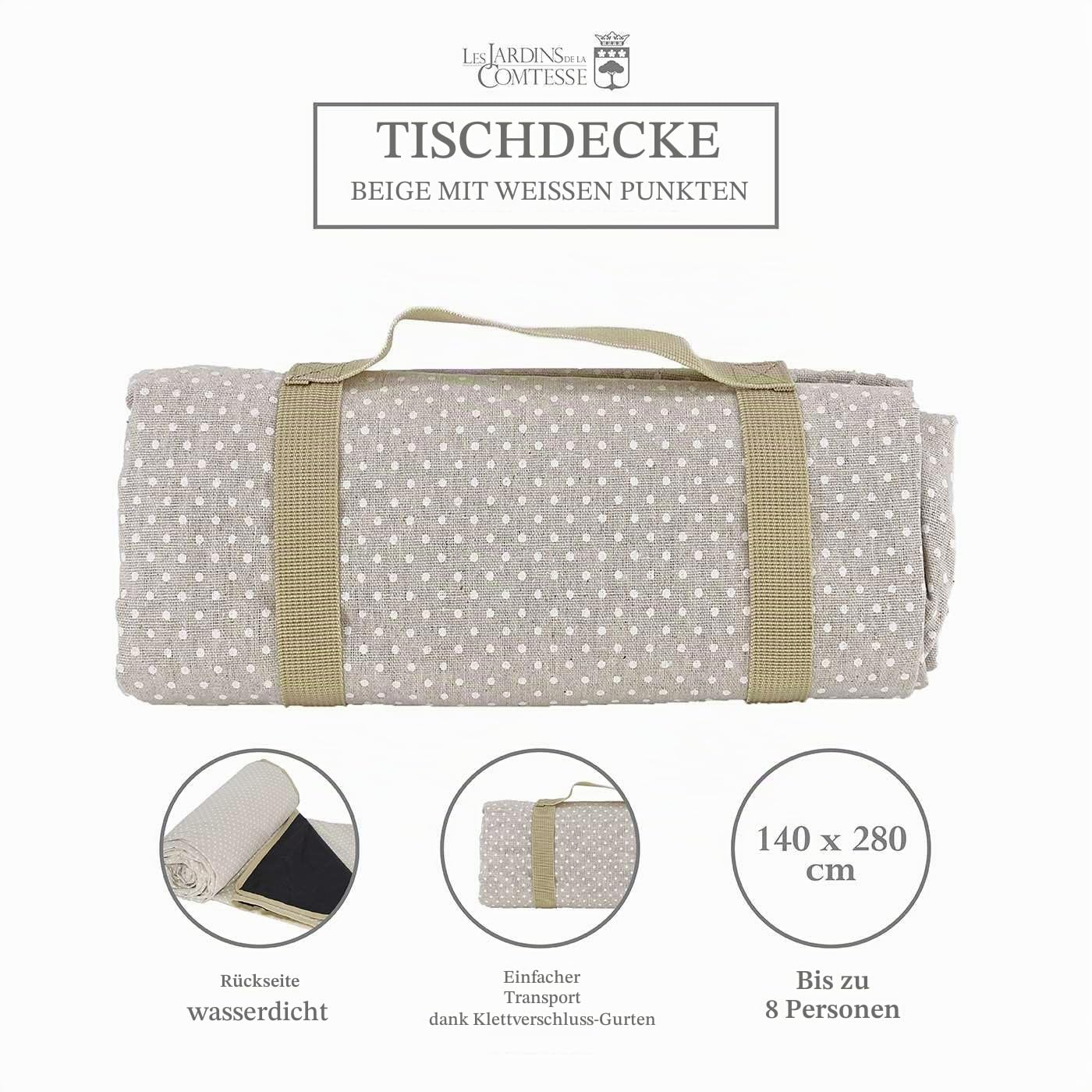 Les Jardins de la Comtesse - Rechteckige Picknickdecke Beige mit weißen Punkten aus Baumwolle - Rückseite aus wasserabweisendem Polyester - Faltbar und mit Tragevorrichtung - 140 x 280 cm