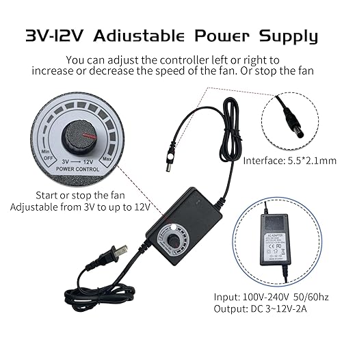 Miniatura 5 de Ventilador de caja de 4.724 in con controlador de velocidad variable de 3 V a 12 V, ventilador axial de computadora con enchufe de CA de 110 V 120 V
