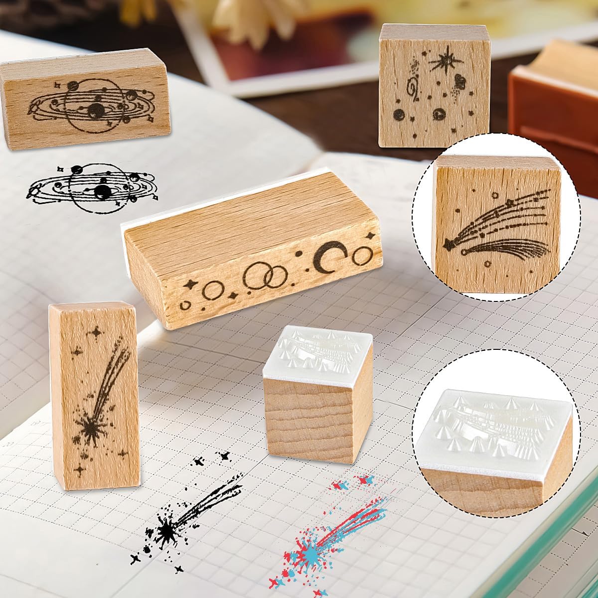 Wooden Plant Patterns Rubber Stamp - Starry Decorative Wooden Rubber Stamp Set for DIY Craft Card Scrapbooking Hand Book, Planner, Scrapbooking, 12Pcs (Starry Universe)