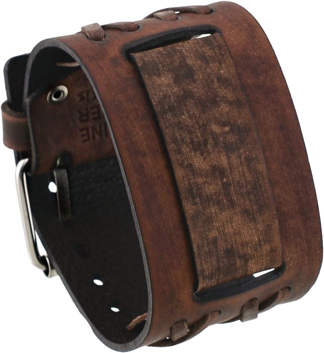 Nemesis #DXB-B 24mm Lug Width Wide CRIS Cross Distressed Moro Brown Leather Cuff Wrist Watch Band