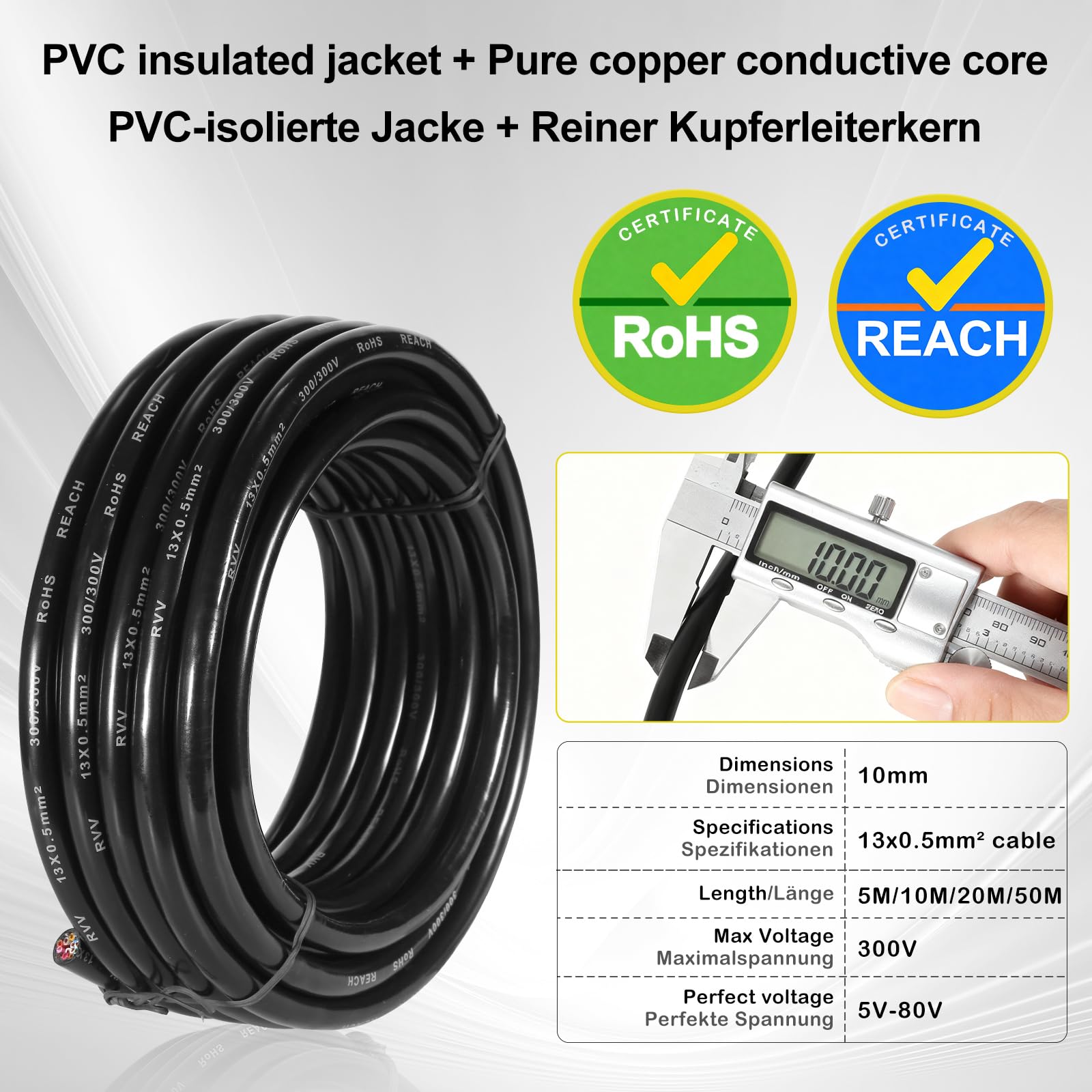 D-TECH Cable de vehículo 13 núcleos 10M, Cable Redondo de 13 Hilos para Remolque, 5V-80V Cable Luces Remolque 13 Pines,Cable de Coche 13 Polos 13x0,5 mm²