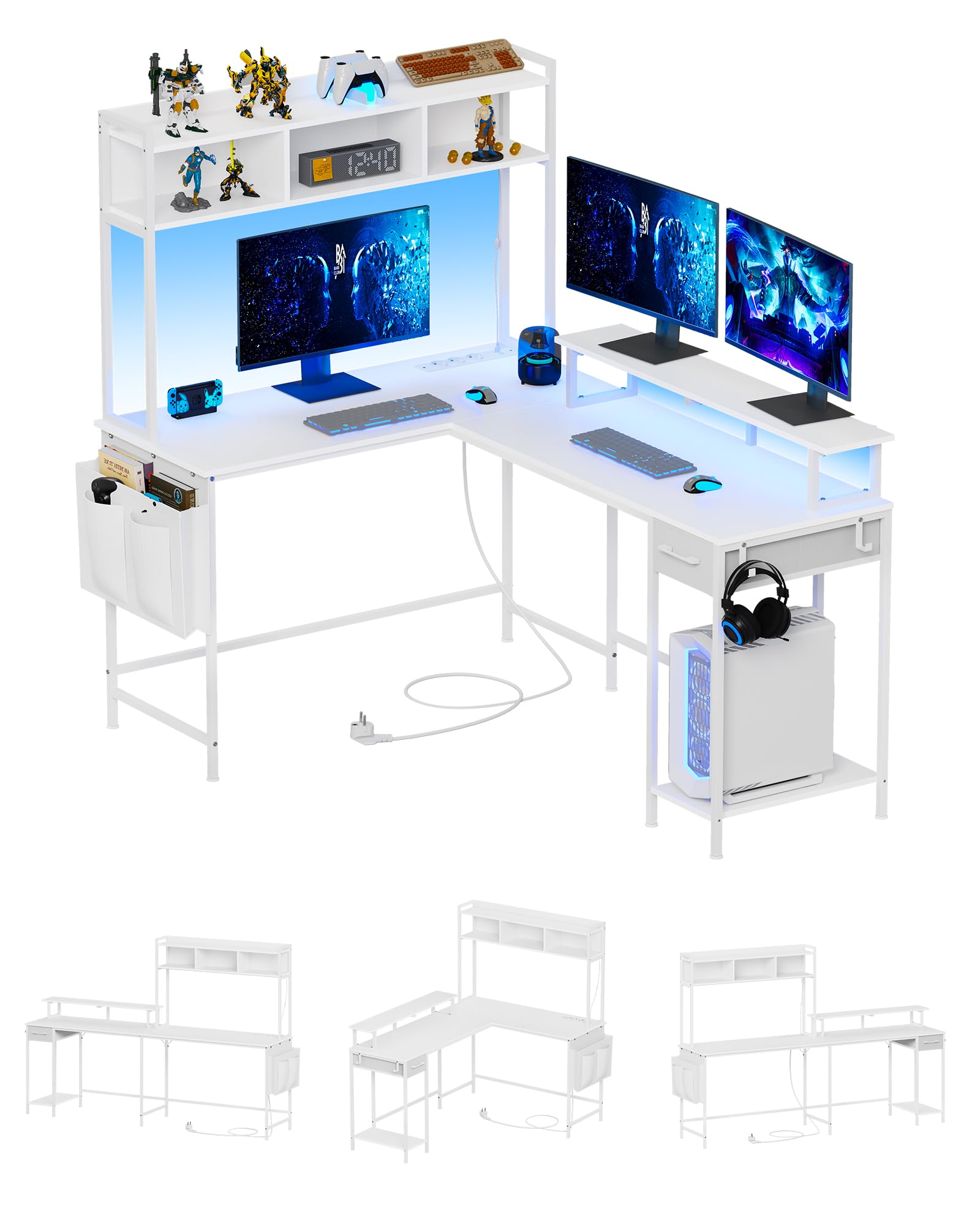 Mesa de Ordenador en Forma de L, Escritorio Esquinero con Estantería y Soporte para Monitor, Escritorio Reversible, Mesa de Juegos con 2 LED y Enchufe, Mesa de Oficina, Cajones, Casa, Oficina, Blanco