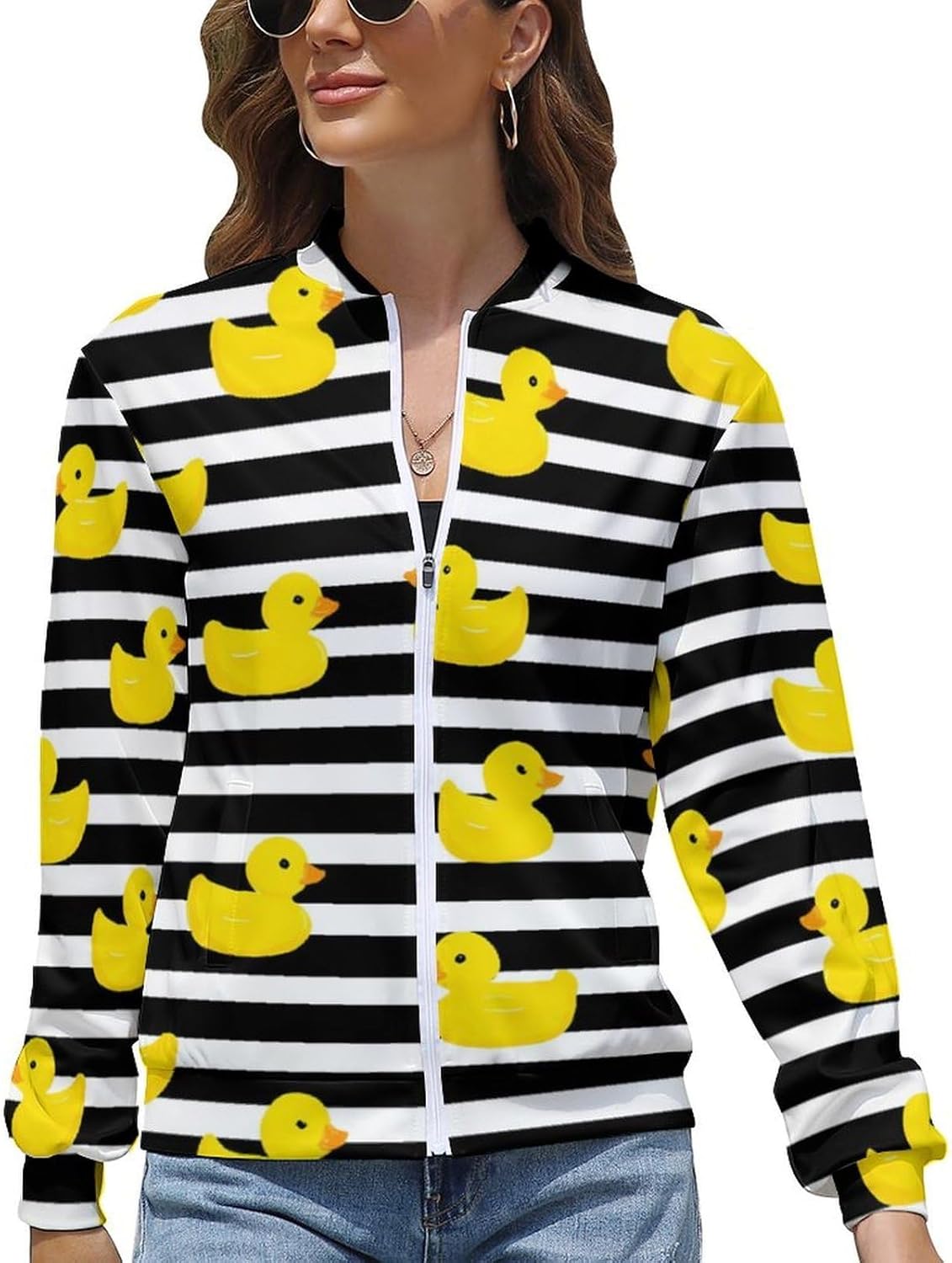 Yellow Rubber Ducks White Black Stripes Women's Cropped Bomber Jacket Long Sleeve Lightweight Casual Coat with Pockets