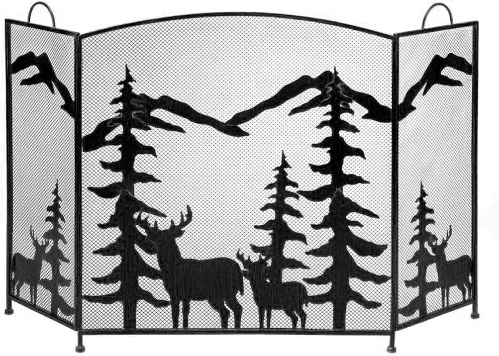 Fireplace Screen 3 Panel Fireplace Screen Black Spark Guard Cover Elk Christmas Tree Metal Fireplace Screen Simple Design Fireplace Screen (A)