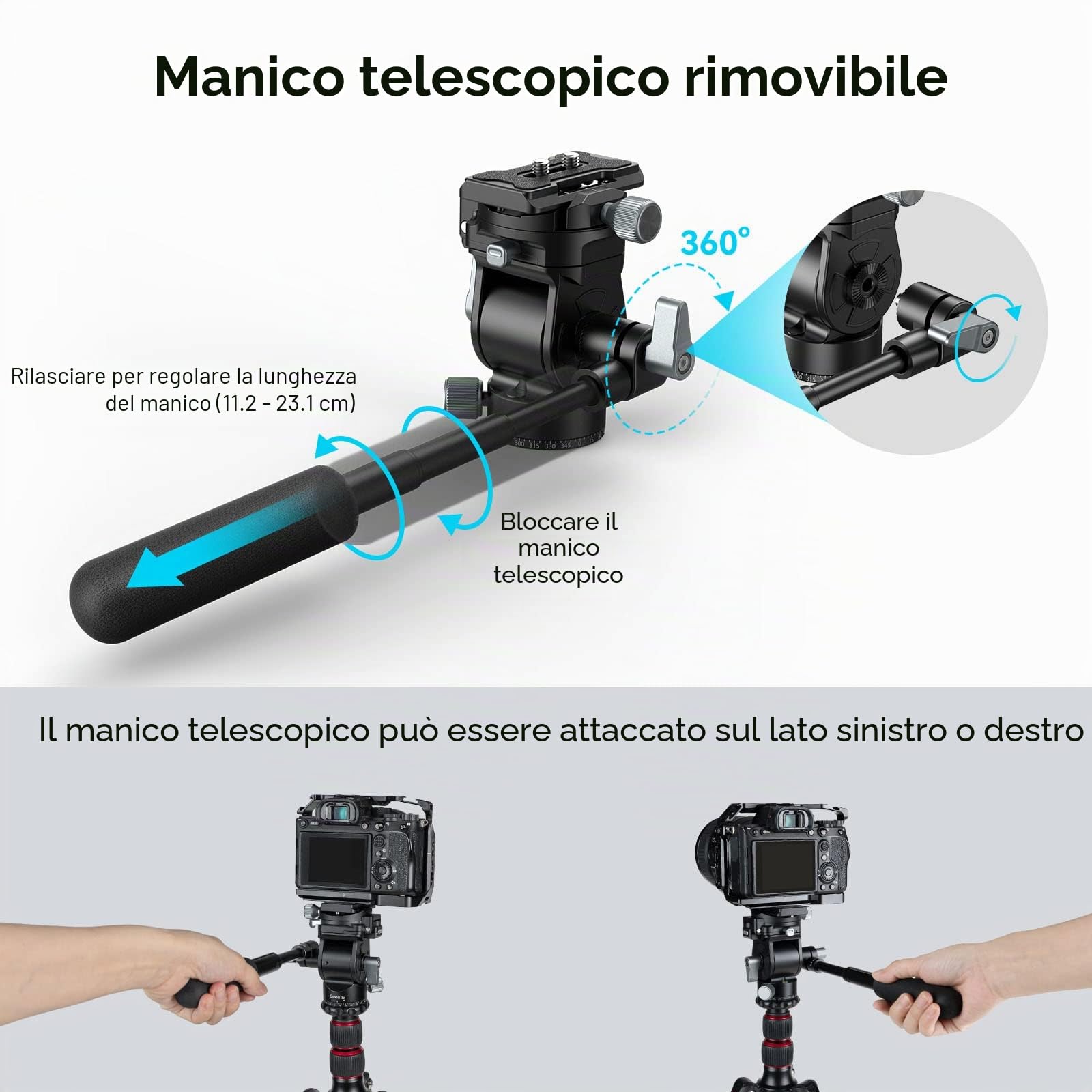 SMALLRIG Testa per Treppiede Video per Riprese Verticali/Orizzontali, Testa Fluida Pan Tilt con Piastra QR per Arca, Carico Massimo 5 kg / 11 Libbre per Videocamera, Mirrorless, DSLR - 4104