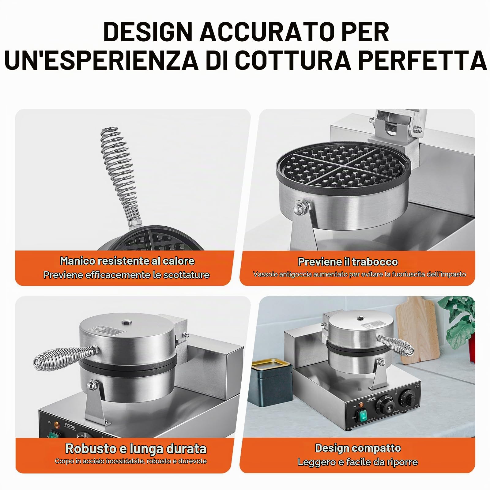 VEVOR Macchina per Waffle Belga Rotonda Commerciale Macchina Waffle 1230 W, Piastra Waffle Belga in Acciaio Inox Antiaderente, con Controllo Temperatura Tempo, Maniglia, per Ristoranti, Panetterie
