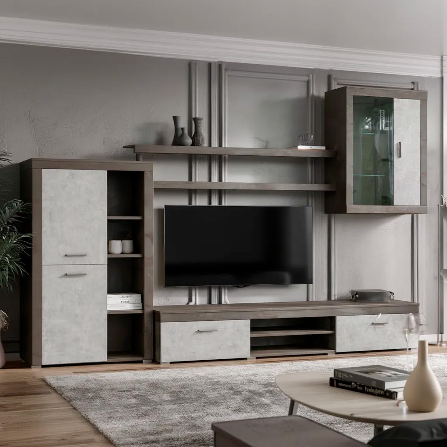 Parete Attrezzata Da Soggiorno Salotto Moderna Con Mobile TV Ante Mensole Vani A Giorno Vetrinetta Design Moderno Moduli Sospesi 293 X 193 X 50 Cm Ossido E Grigio Cemento