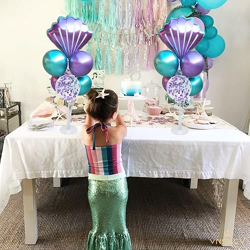 Miniatura 7 de Kit de soporte de globos de mesa de sirena, 2 juegos con 2 globos de aluminio de conchas marinas, 14 globos de látex azul púrpura para cumpleaños,