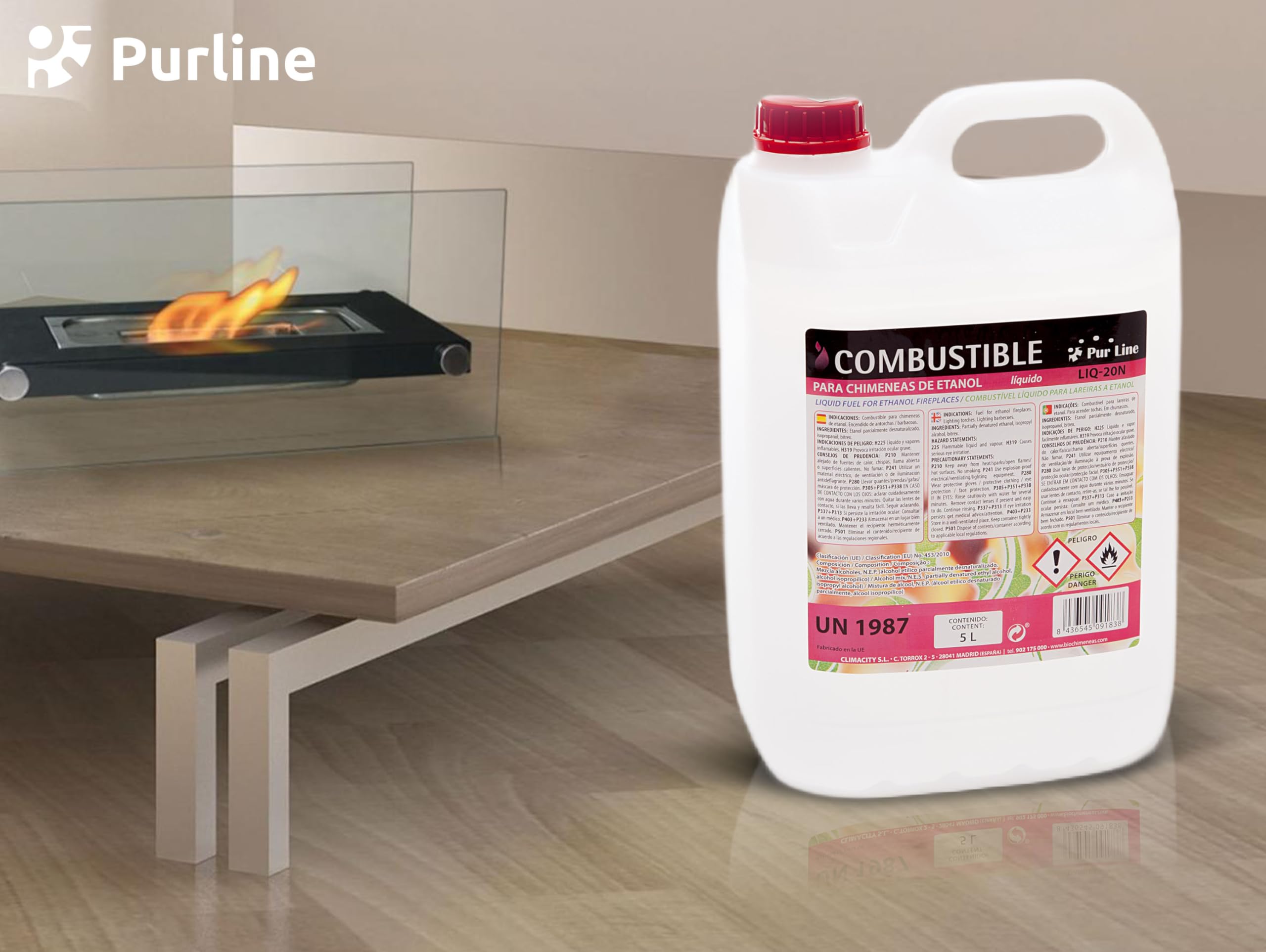 PUR LINE | Bioetanol 5L 96% Combustible para Chimeneas y Estufas, Sin Humo y Alta Combustión - Bioetanol Líquido para Biochimeneas, Quemadores y Uso Interior/Exterior