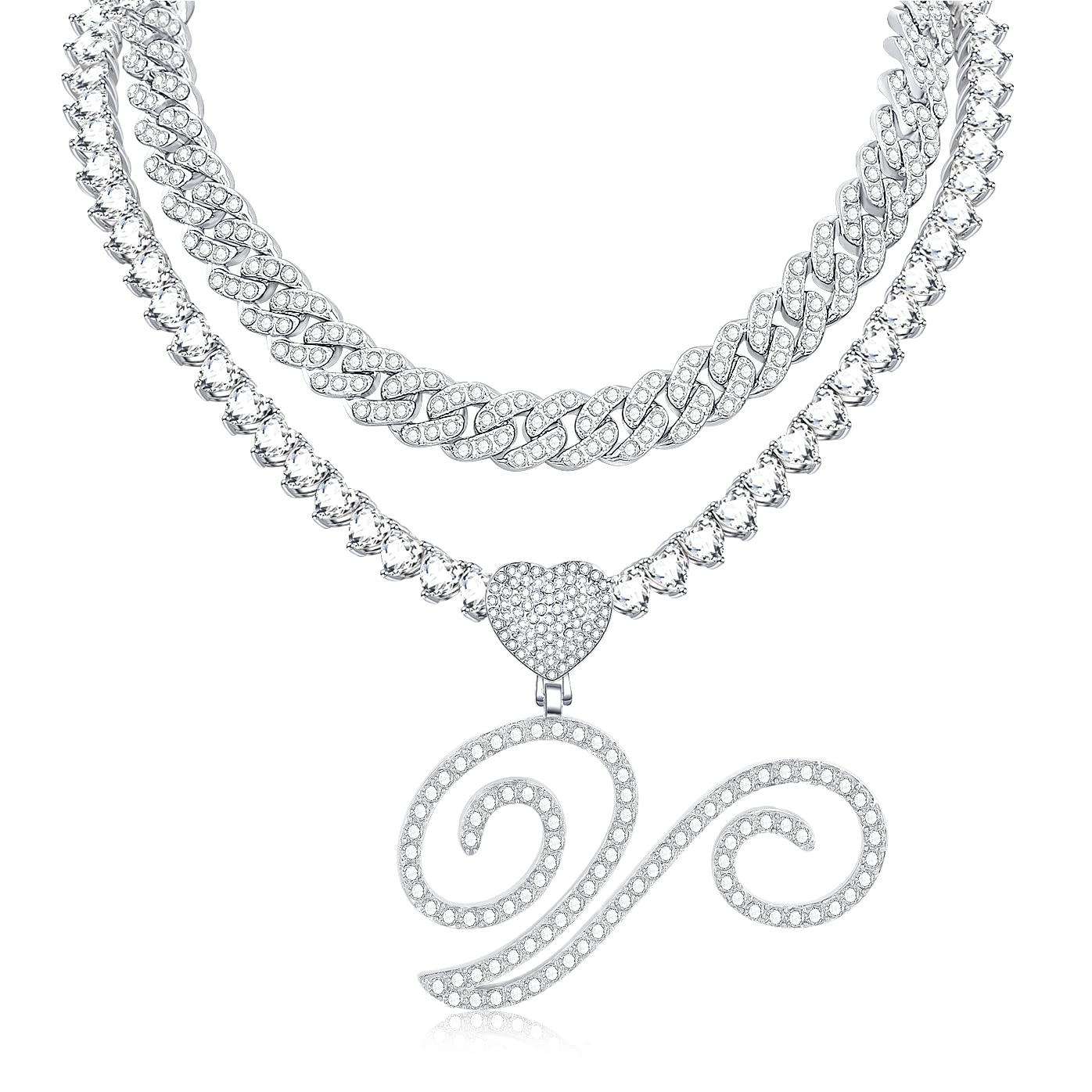 KOHOTA Cursive Silver Initial Pendant Necklace for Women Miami Cuban Link Chain Layered Heart Shape Bling Diamond Iced Out Chain Pendant Necklace Hip Hop Jewelry Gift, Metal, Cubic Zirconia