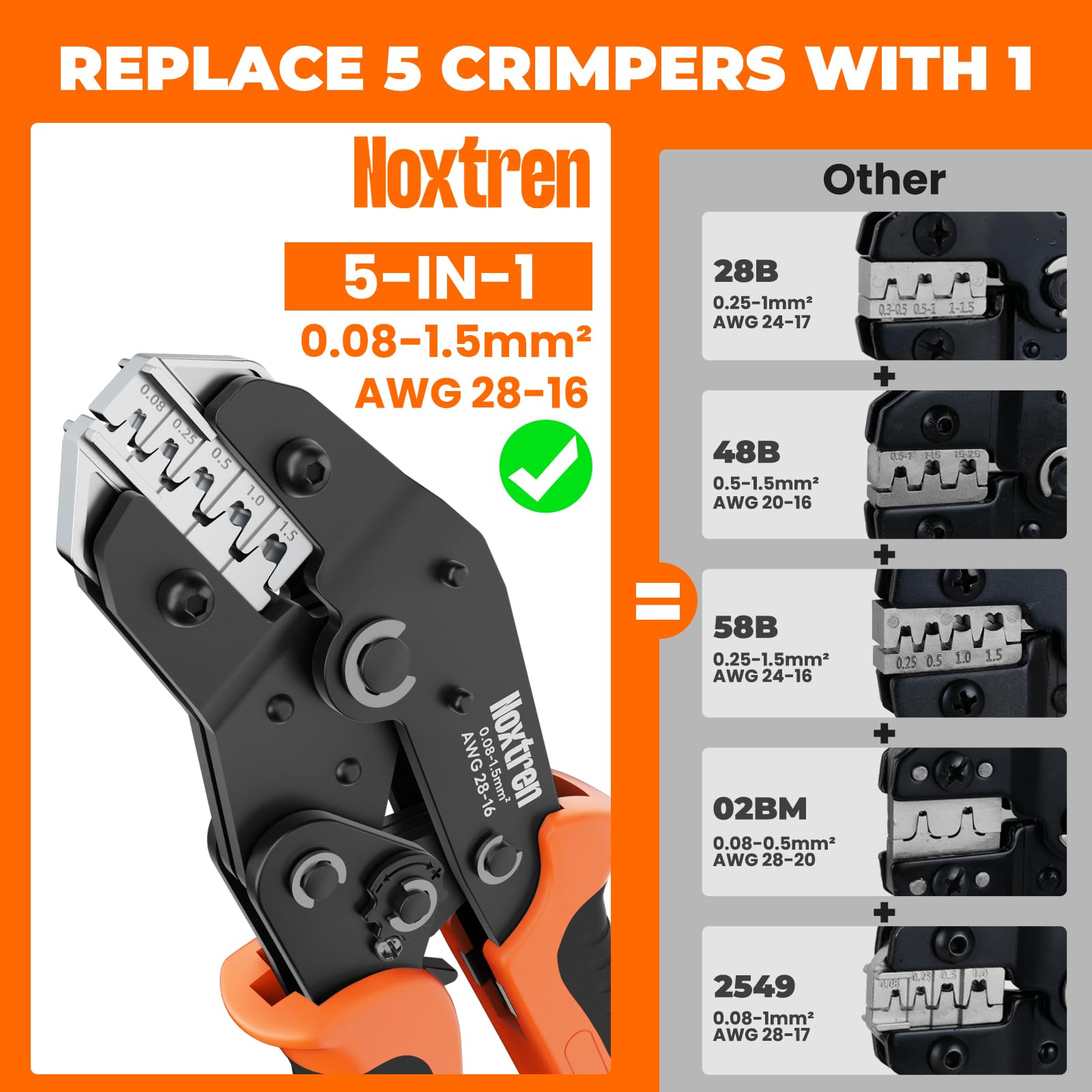 Herramienta de crimpado de alambre 5 en 1, crimpadora de trinquete AWG 28-16 para terminales de barril abierto no aislados, se adapta a conectores de cable automotrices Deutsch, Delphi, AMP