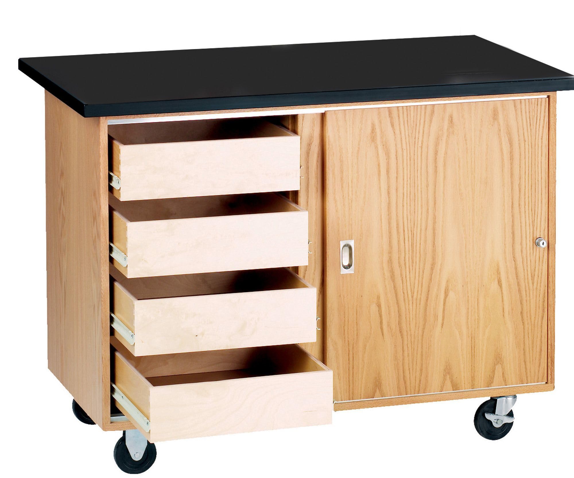 Diversified Spaces Portable Mobile Science Classroom Demonstration Unit, Black Chemguard Table Top, Storage, Oak Finish, 48" W x 28" D x 36" H, Made in The USA