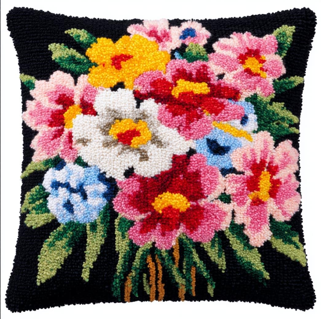 WallustrioaW DIY Latch Hook Pillow Kit,Sunflower Pillowcase Kits Embroidery Kits 17X17 Inch DIY Needlework Pillow Cover Sofa Cushion Rug Making