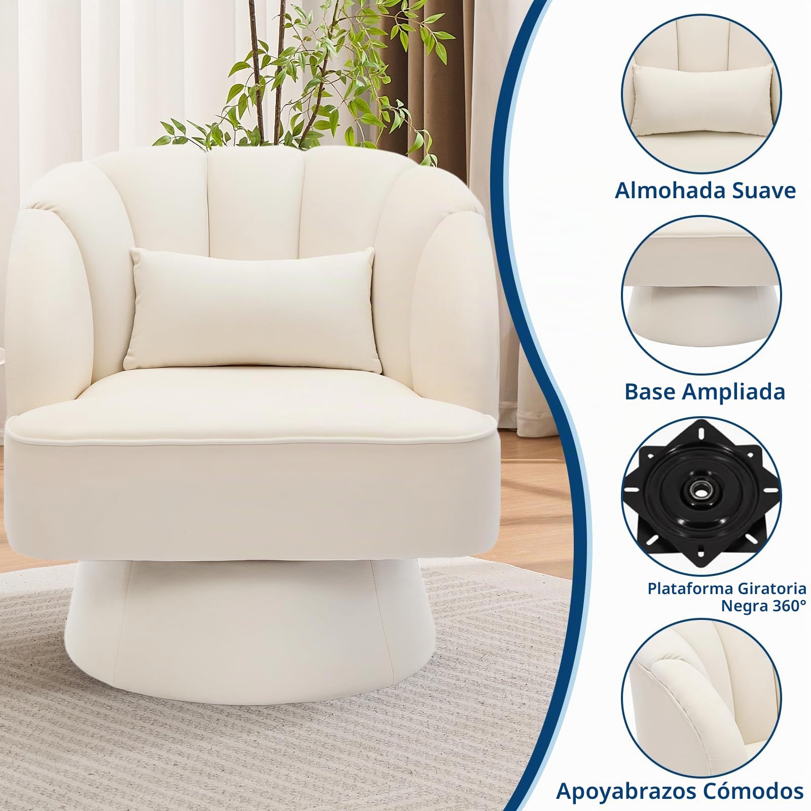 Sillón giratorio con cojín de terciopelo y respaldos, sillón redondo de salón 360°, con cojín grueso y base estable para salón, dormitorio, oficina en casa (70 x 70 x 70 cm, blanco)
