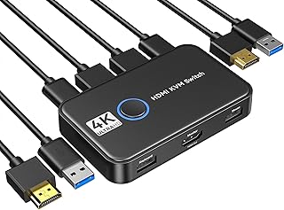 KVM Switch,Giimake KVM Switch HDMI for 2 Computers,USB KVM Switch for 2 Computers Sharing One HD Monitor and Keyboard Mouse, Support 4K@60Hz,2 HDMI Cables and 2 USB Cables Included