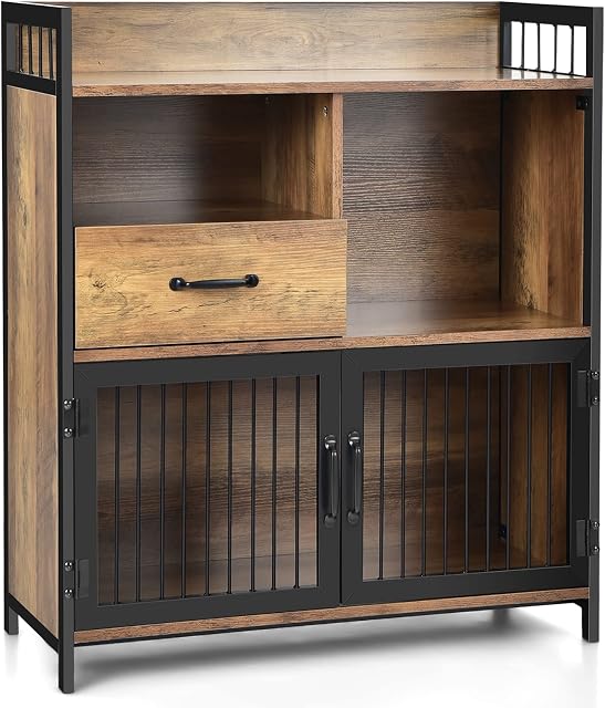 COSTWAY Industrial Storage Cabinet, Freestanding Sideboard Cupboard, Metal Frame Wooden Bookcase Display Organiser Unit for Kitchen, Living Room and Hallway (Open Shelves+Drawer+2 Door Cabinet)