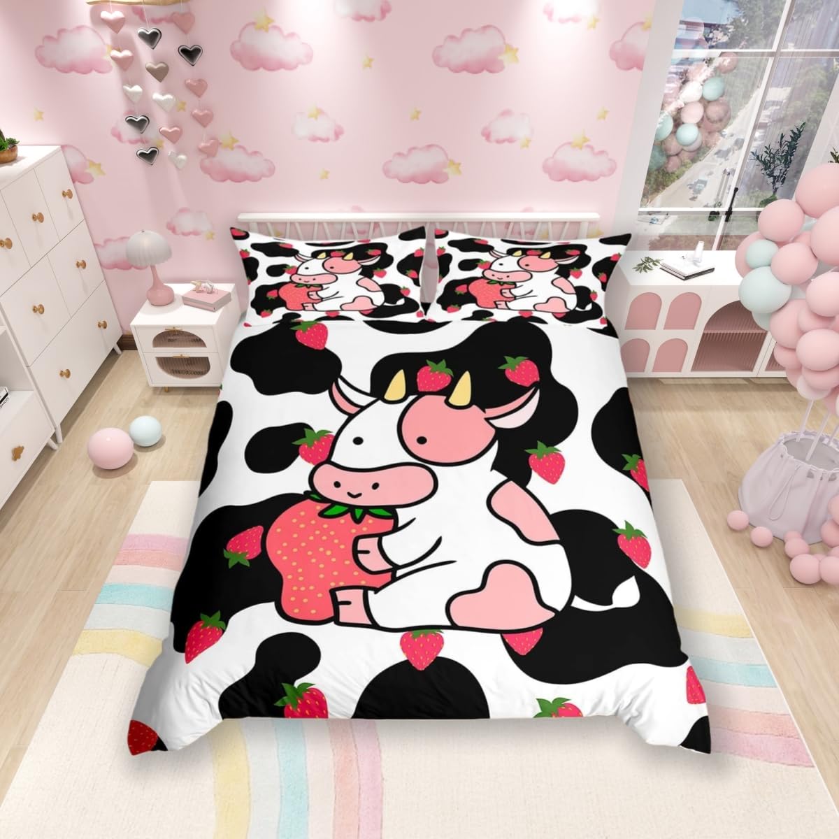 Feelingyou Girls Cyjs2471 Milkshakes Cow Duvet Cover Set Single Size, Pink Cute Cattle And Strawberry Fruit Print Comforter Cover Kawaii Y Style For Kids Room, Milk Cow Skin Fur Pattern Quilt Cover, 1 Pillowcase