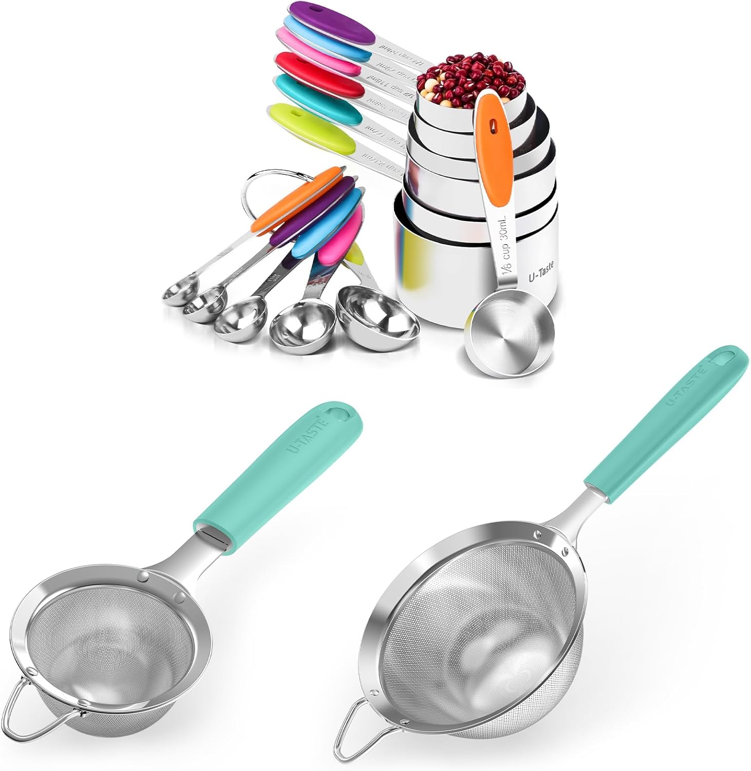 U-Taste 18/8 Stainless Steel Measuring Cups and Spoons (Set of 12, Multicolor), and Fine Mesh Strainer with Sturdy Riveted Silicone Handle and Strong Frame (Aqua Sky)