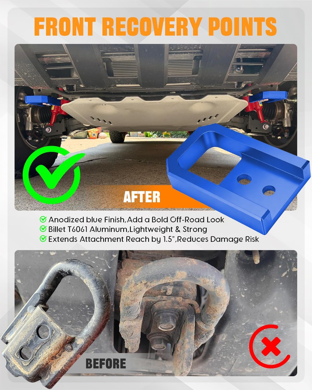 Front Recovery Points Billet T6061 Aluminum Compatible with Toyota Tacoma 2024–2026 (4th Gen)/4Runner 2025–2026/Land Cruiser 250 2024-2025, Blue Tow Hooks 2PCS image 4