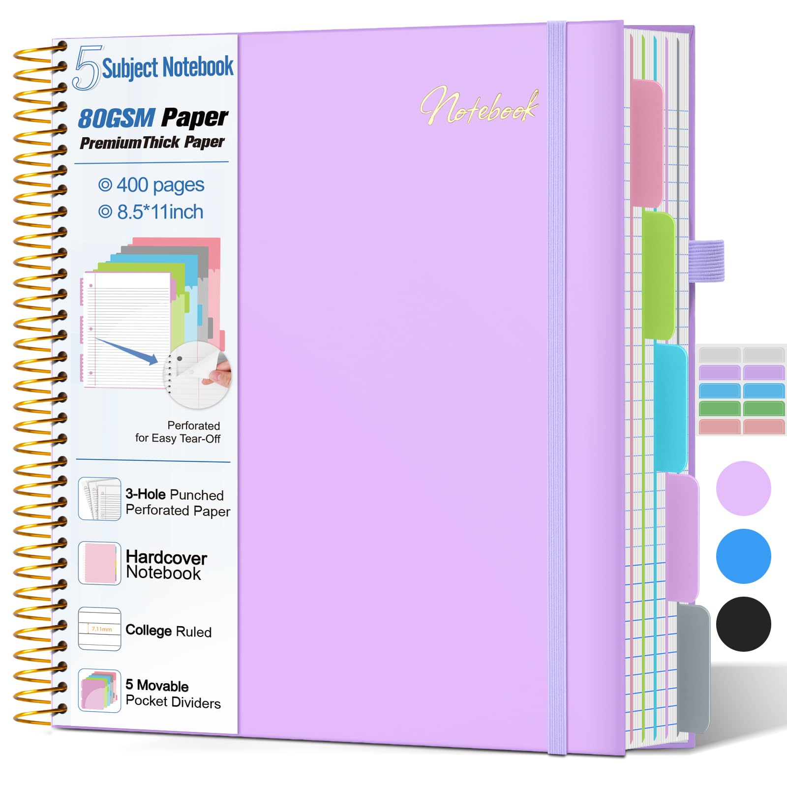 Carnet à 5 sujets ligné à spirales épais de 80 g/m² avec intercalaires amovibles, 400 pages de 21,6 x 27,9 cm pour l'école, le travail, perforé à 3 trous, violet