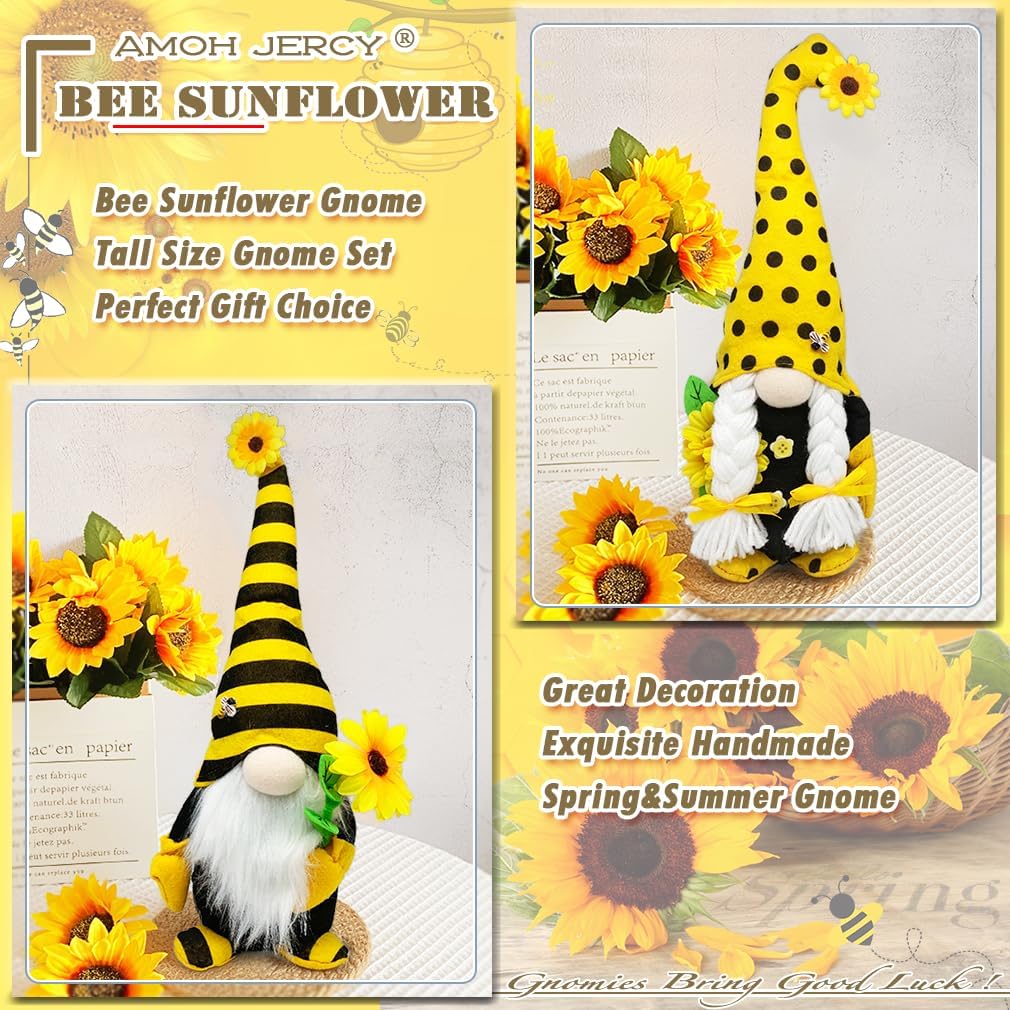 Tall Sunflower Gnome Set – 2PCS 15” & 14” Bee Plush Scandinavian Gnomes, Rustic Farmhouse Spring & Summer Decor, Tiered Tray & Mantel Decorations, Housewarming Gift, Party Table Centerpiece - Image 3