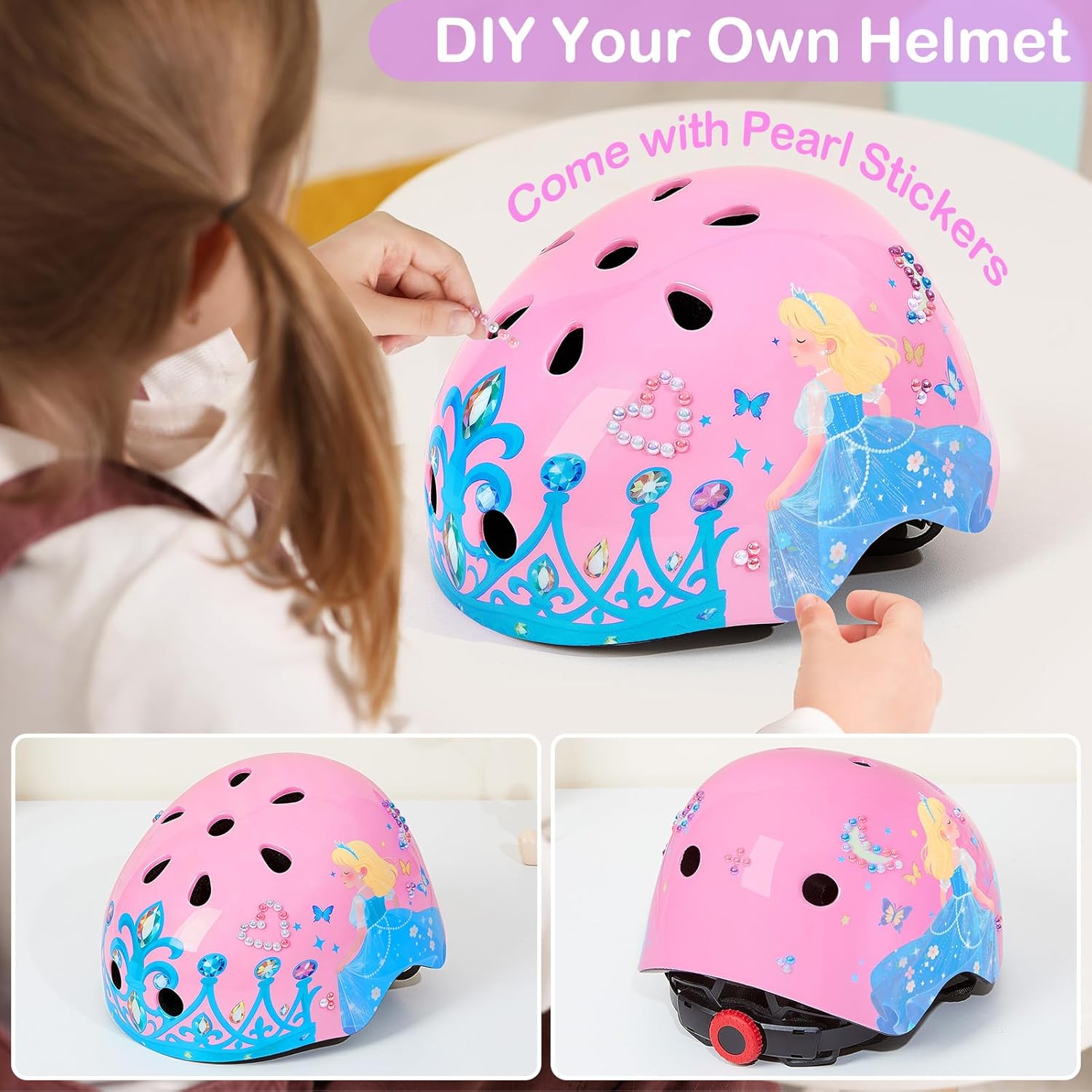 Toddler Bike Helmet Kids Helmet Knee Pads and Elbow Pads Set Adjustable Protective Gear Set with DIY Stickers for Girls Age 3-5-8 Years