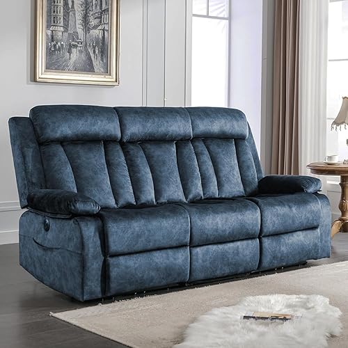 Power Reclining Sofa with Massage & Heat, USB & Type-C Ports, Drop-Down Tray Table, Cup Holders, Storage Pockets, Power Reclining Couch/Reclining Sofa 3 Seat, for Living Room, RV，Media Room 82" Blue