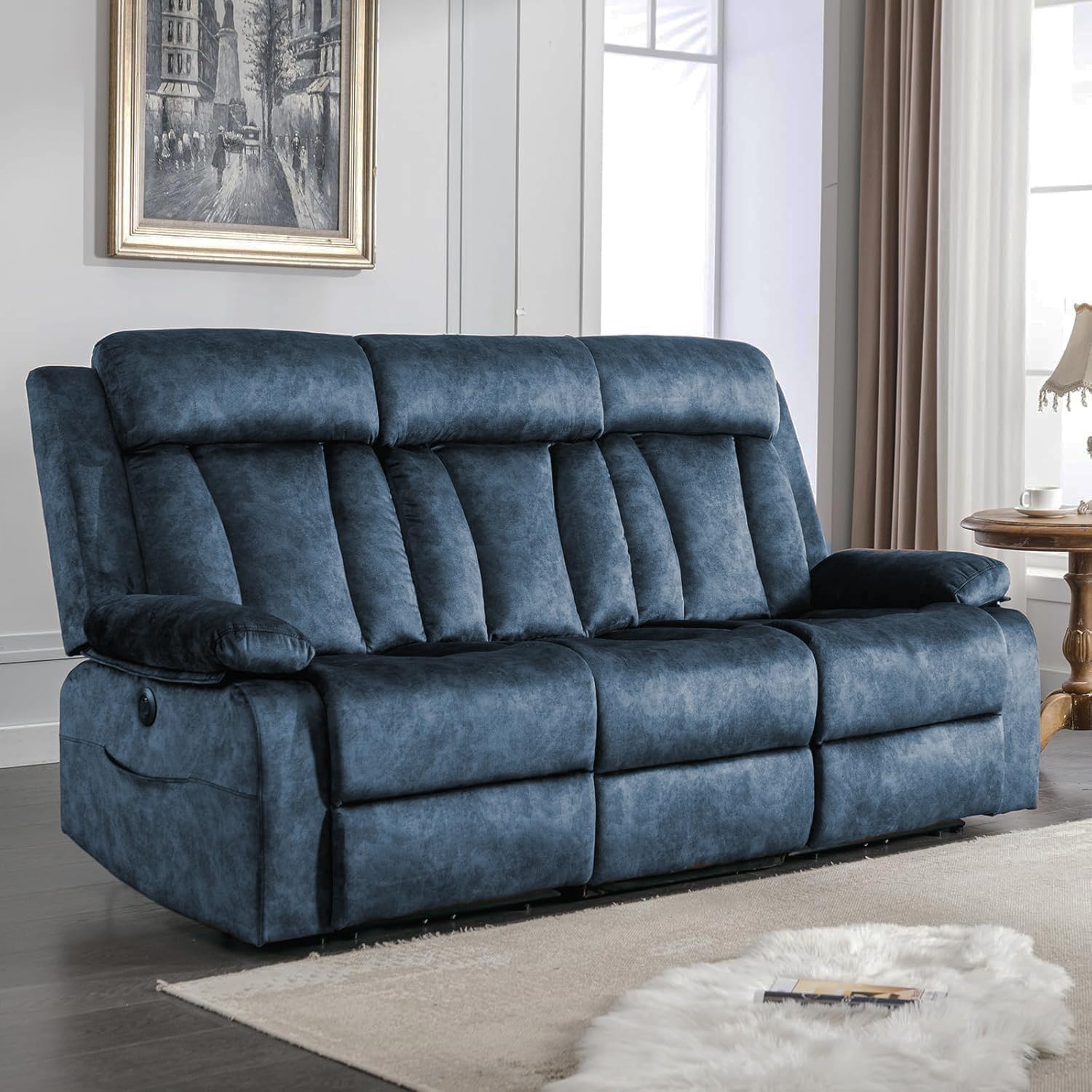 Power Reclining Sofa with Massage Heat USB Type-C Ports Drop-Down Tray Table Cup Holders Storage Pockets Power Reclining