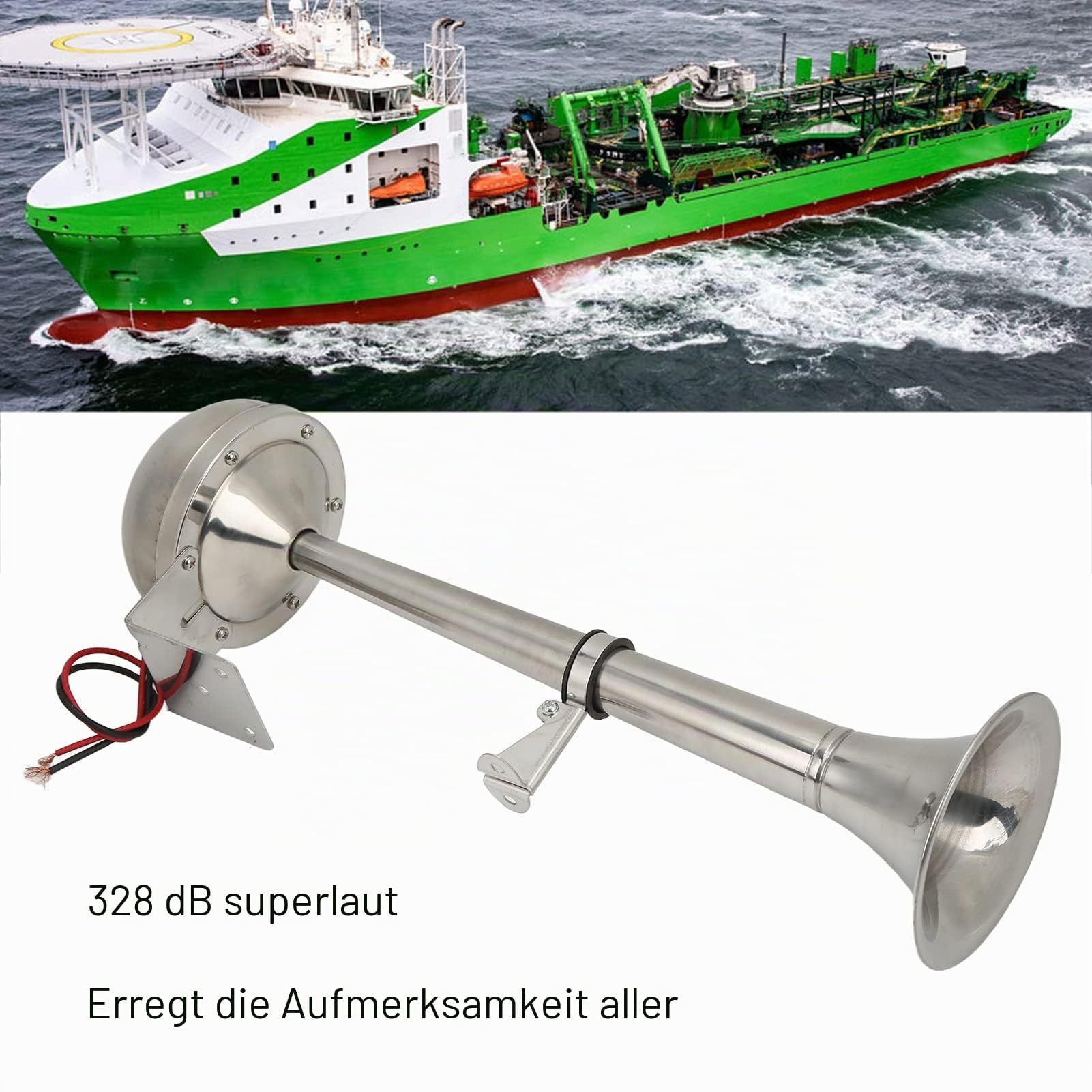 Elektrisches Marinehorn, Laute Einzeltrompete 328DB 12V 30W VXH1112MAR-C Universal-Lufthorn für Boote Wohnmobile Yachten Edelstahl Boote Einzeltrompete Horn