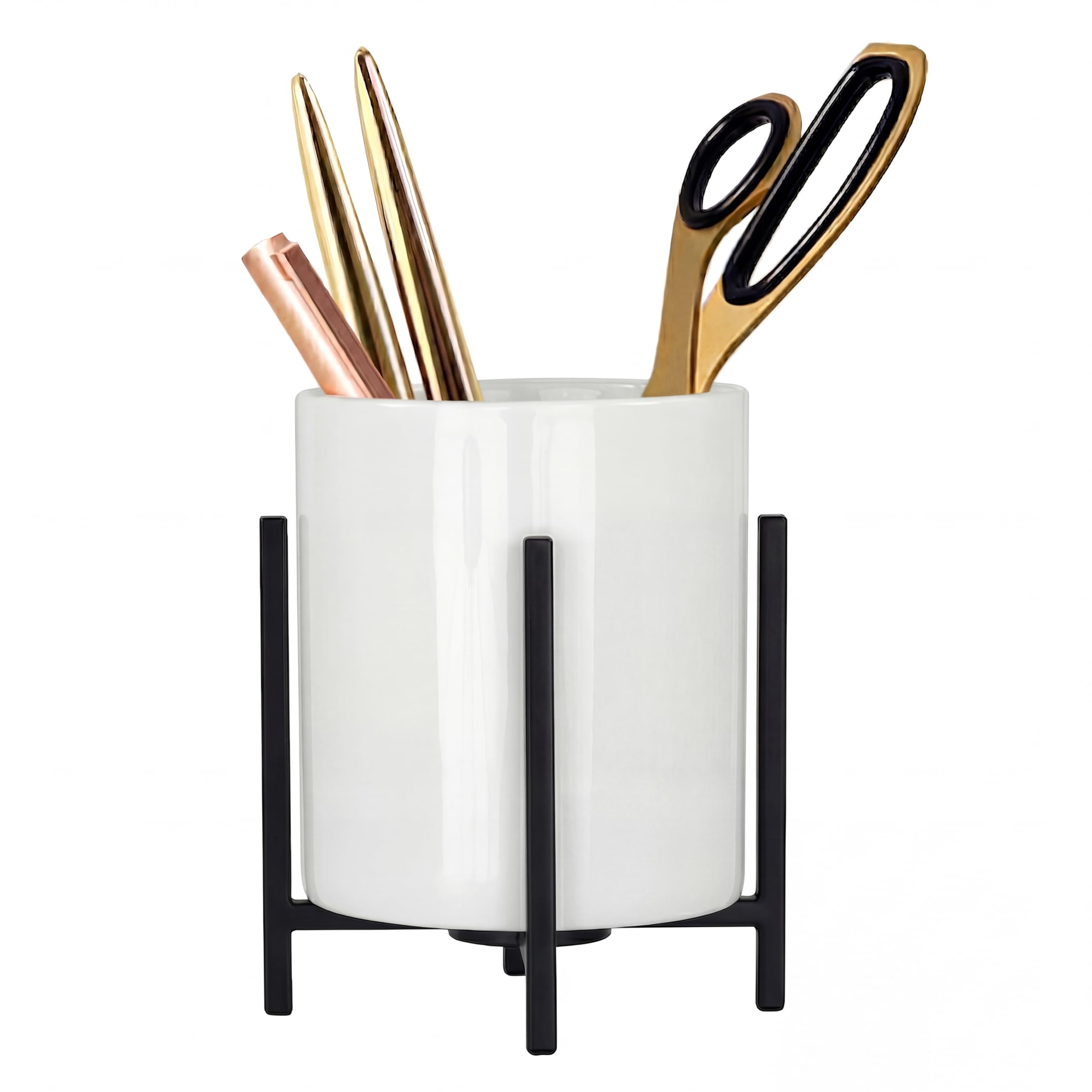 Portalápices y bolígrafos para escritorio, taza de cerámica para bolígrafos de 3.35 x 3.8 pulgadas, decoración de escritorio para mujeres y niñas, soporte para brochas de maquillaje, taza blanca