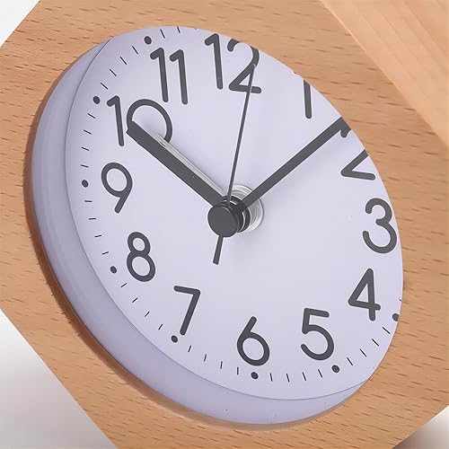 Miniatura 3 de Lancoon Reloj despertador analógico de madera, LED pequeño sin tictac, silencioso con números arábigos, luz de despertador, función de repetición