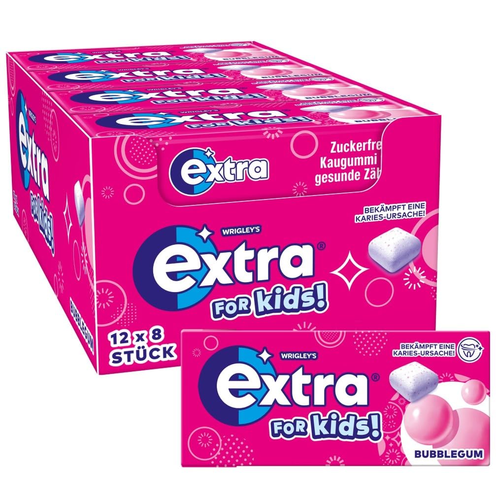 Extra For Kids, Kaugummi Zuckerfrei für Kinder, 12 x 8 Dragees, Großpackung Chewing Gum als Süßigkeiten, Xylitol Kaugummi ohne Zucker für frischen Atem (96 Dragees)