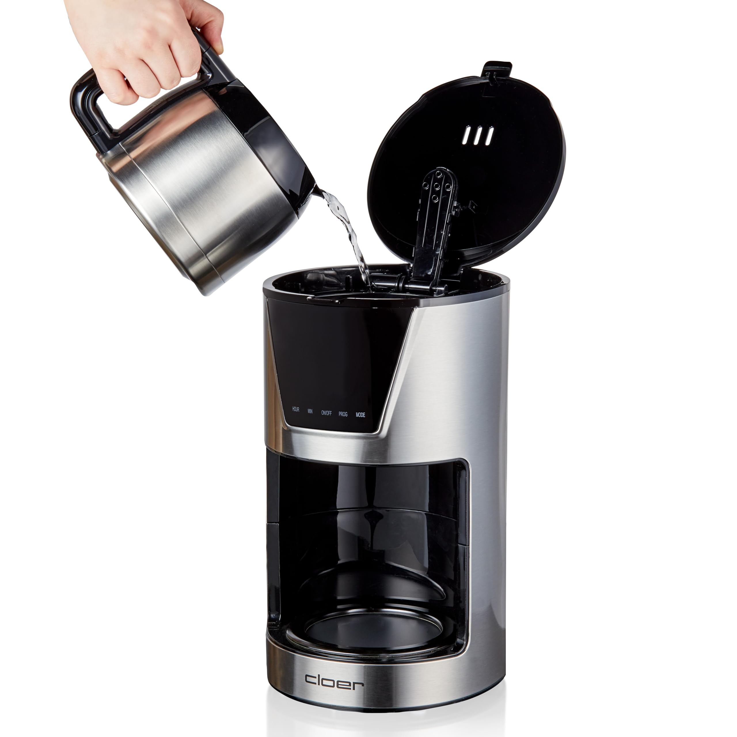 cloer 5258 Cafetera de filtro para 10 tazas, función de mantener caliente, Cuchara medidora, Niveles de aroma seleccionables, pantalla táctil LCD, temporizador, tamaño del filtro 1 x 4, 800 W