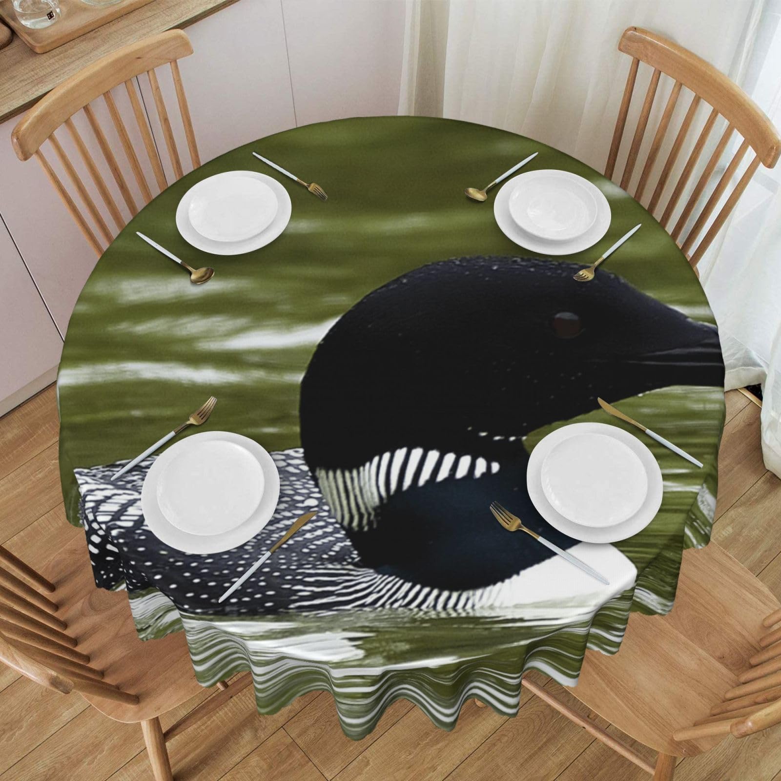 DCEHGEW 60 In Round Tablecloth with Lace, Loon Nature Bird Printed Oilproof & Washable Fabric Picnic Table Cloth Table Covers