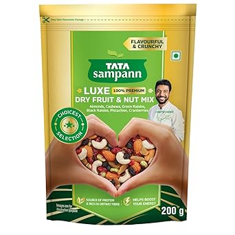 Tata Sampann Luxe Dry Fruit & Nut Mix, 200g, Source of Protein, Magnesium & Phosphorus, Rich in Dietary Fiber, Flavourful & Crunchy Snack, Almonds, Cashews, Green Raisins, Black Raisins, Pistachios, & Cranberries - image, photos