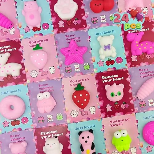 Jofan 24 tarjetas de San Valentín con juguetes mochi esponjosos para niños, escuela, clase, aula y Día de San Valentín, regalos, premios y recuerdos