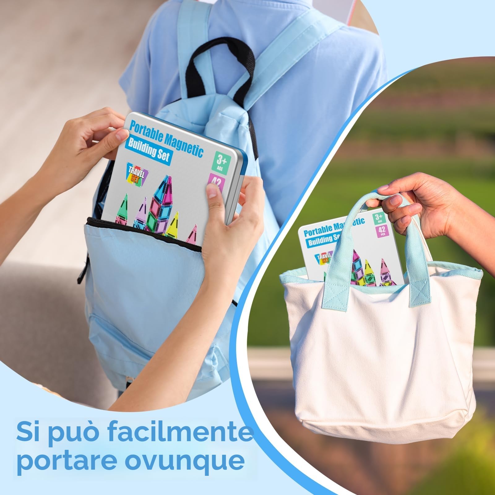 Set di 42 mattonelle magnetiche da viaggio per bambini, portatili, da viaggio, mini piastrelle magnetiche, giocattoli magnetici, scatola da costruzione montessori, giocattolo regalo per bambini di 3+